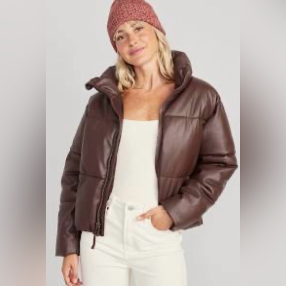 Chocolate brown faux leather puffer coat